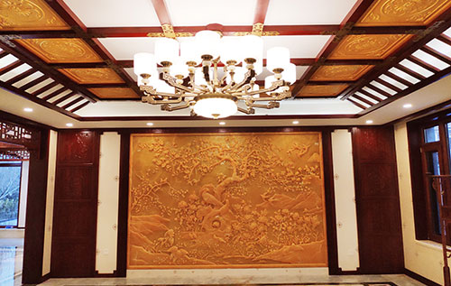 阿拉尔中式别墅客厅中式木作横梁吊顶装饰展示